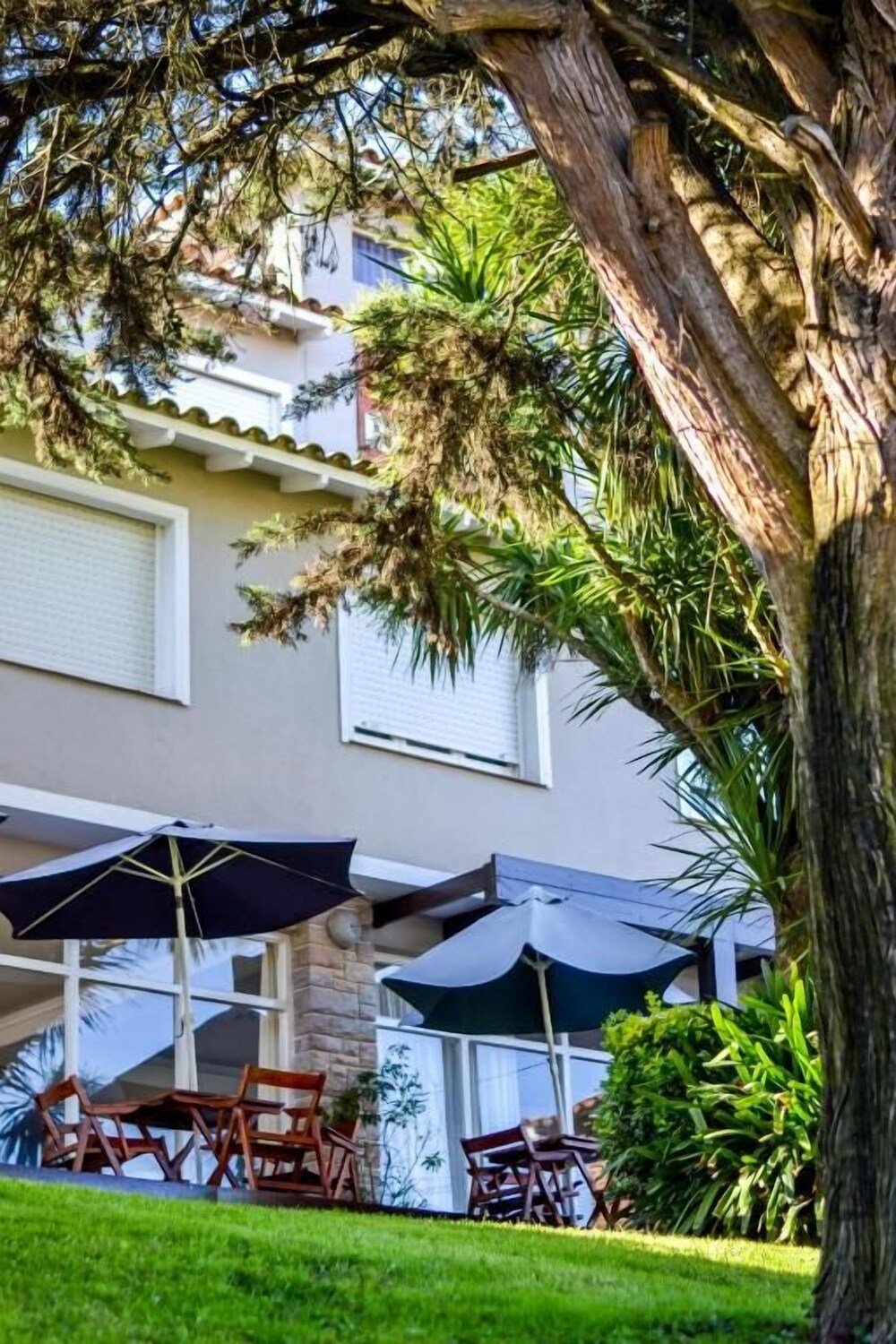 Frente del hotel con mesas al aire libre y un árbol